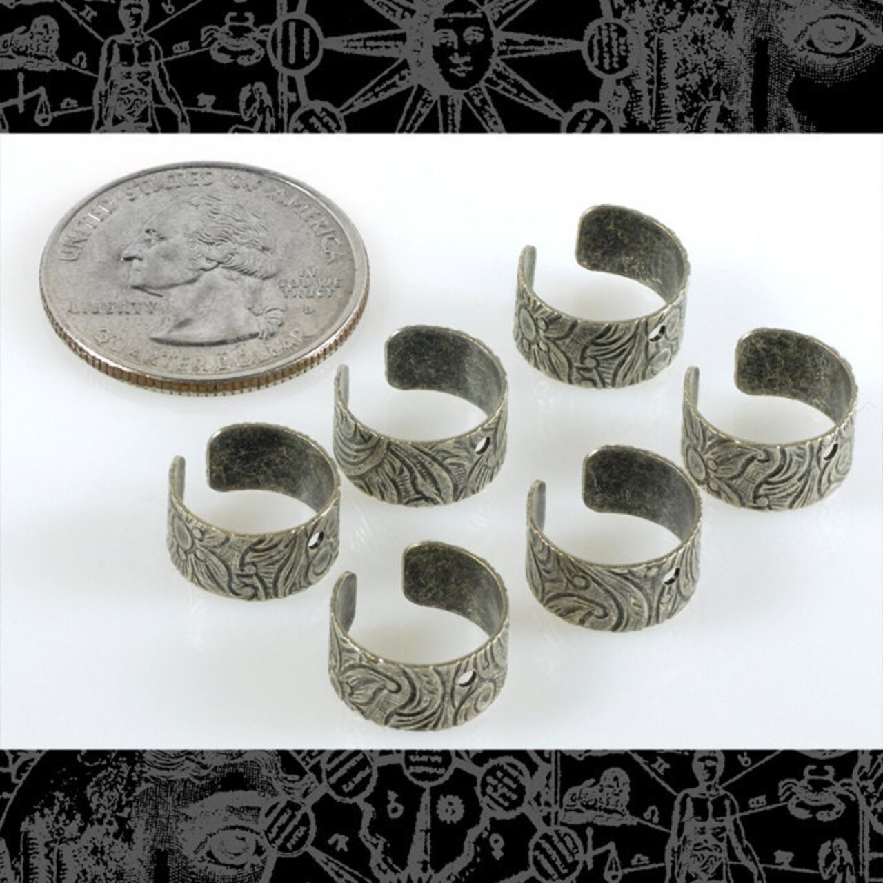 Antiqued Silver Plated Brass Ear Cuffs Floral Etched with Hole - Earring Cuff - Set of Six - S-OD7